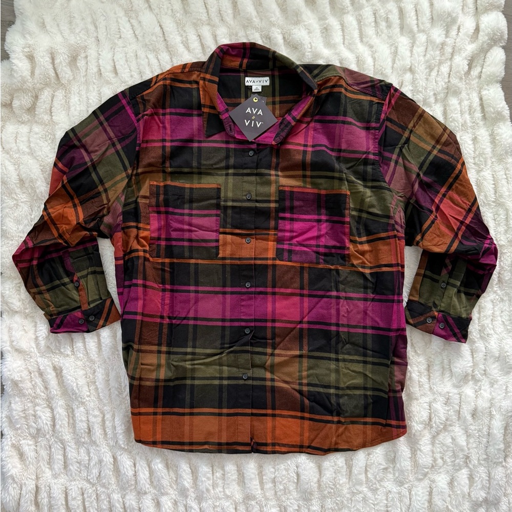 Ava & Viv Multicolor Plaid Button Down Shirt - Picture 2 of 6